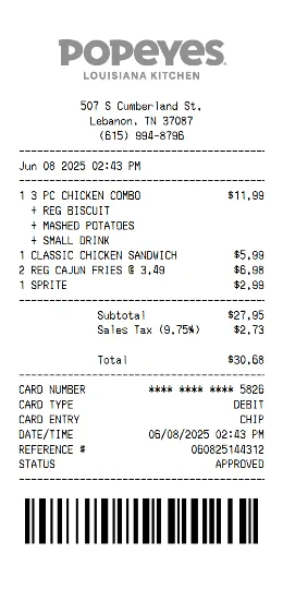 Popeyes Receipt Template