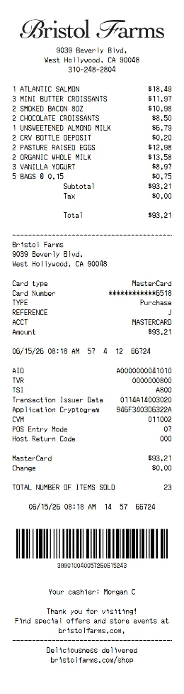 Bristol Farms Receipt Template