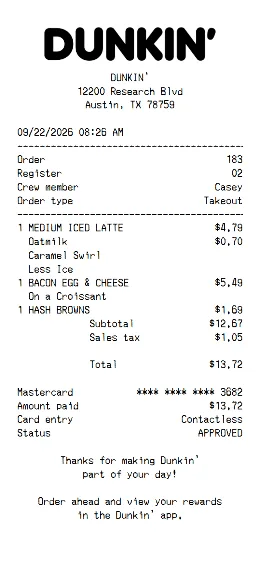Dunkin Receipt Template