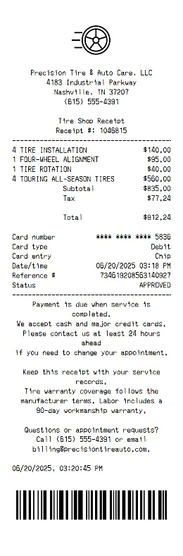 Tire Shop Receipt Template