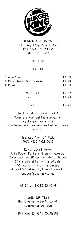 Burger King Receipt Template