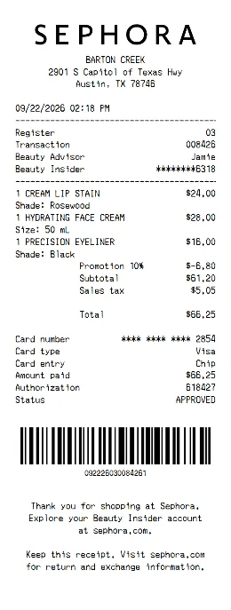 Sephora Receipt Template