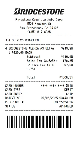 Bridgestone Receipt Template