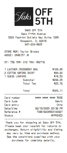Saks OFF 5TH Receipt Template