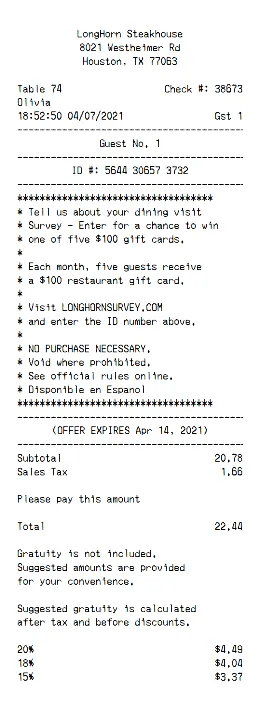 LongHorn Steakhouse Receipt