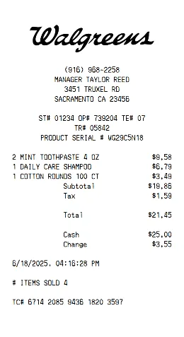 Walgreens Receipt Template