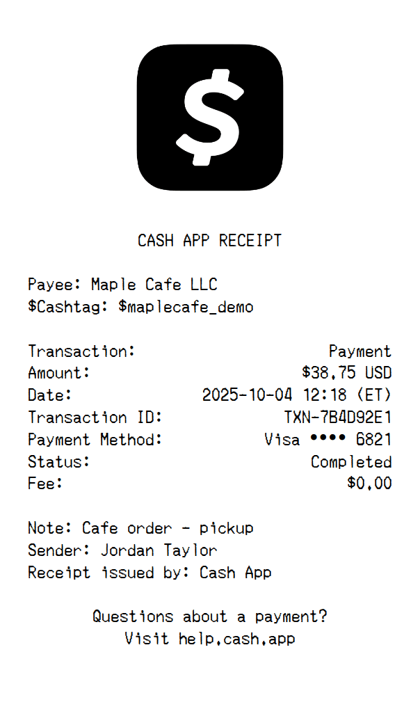 Cash App Receipt Template