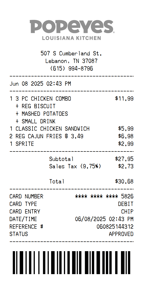 Popeyes Receipt Template