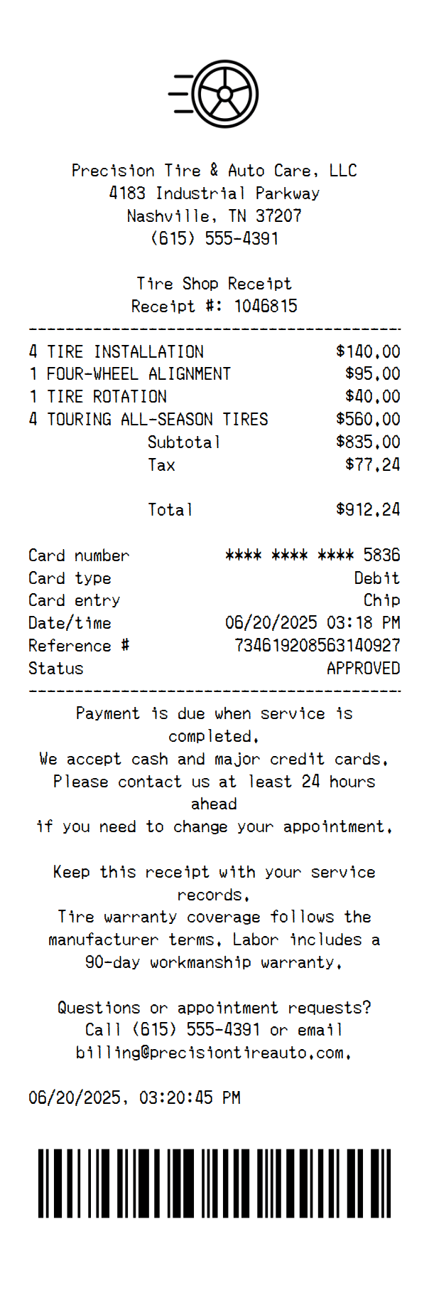 Tire Shop Receipt Template