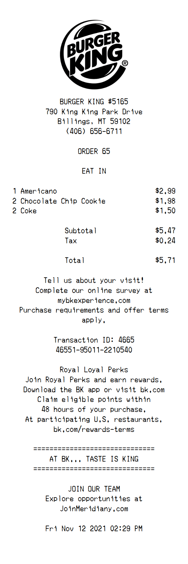 Burger King Receipt Template