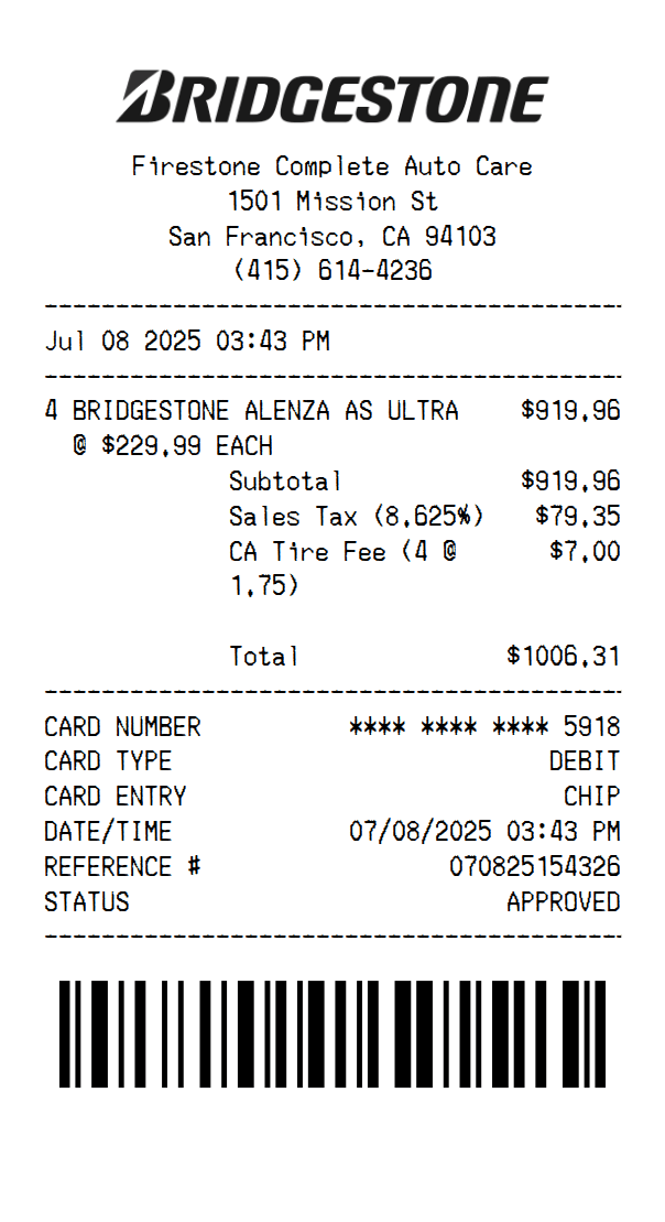 Bridgestone Receipt Template