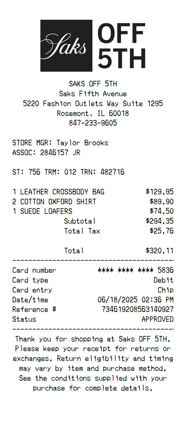 Saks OFF 5TH Receipt Template