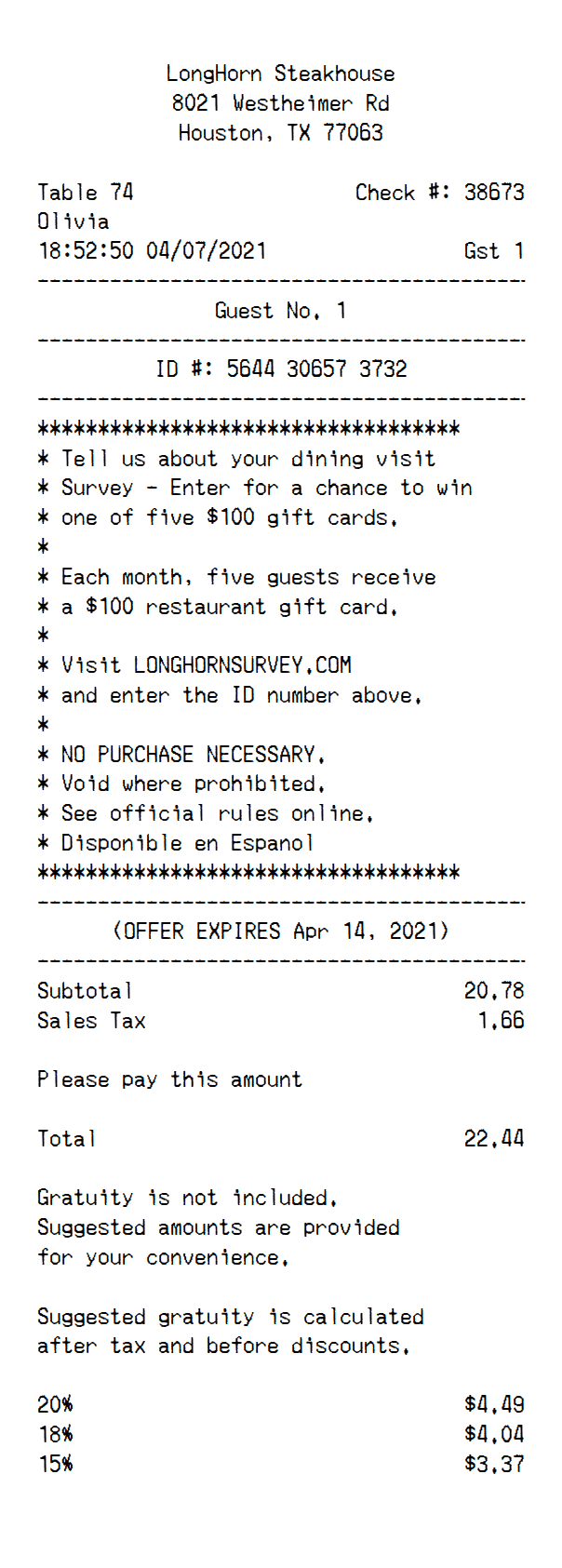 LongHorn Steakhouse Receipt