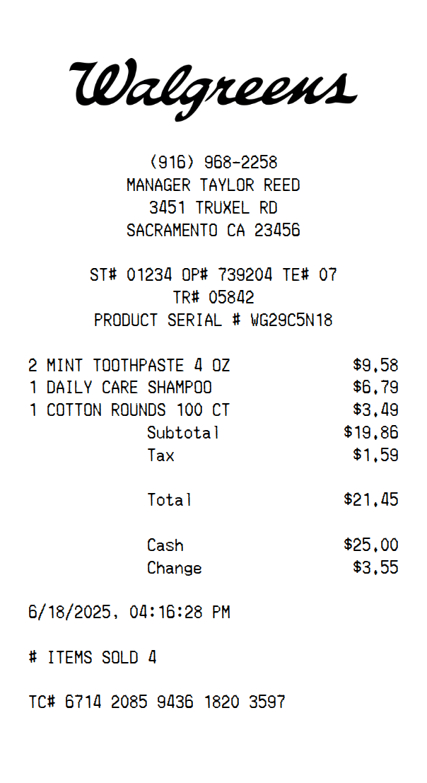 Walgreens Receipt Template